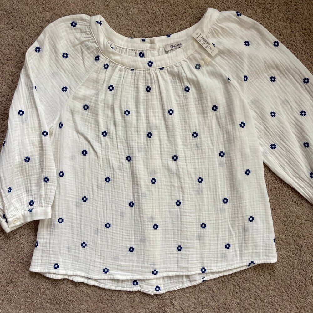 Madewell Blouse Womens S White Embroidered Lightspun Wide-Neck Cuffed-Sleeve NWT